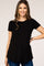woman wearing a black short sleeve maternity top with a curved hem and relaxed fit