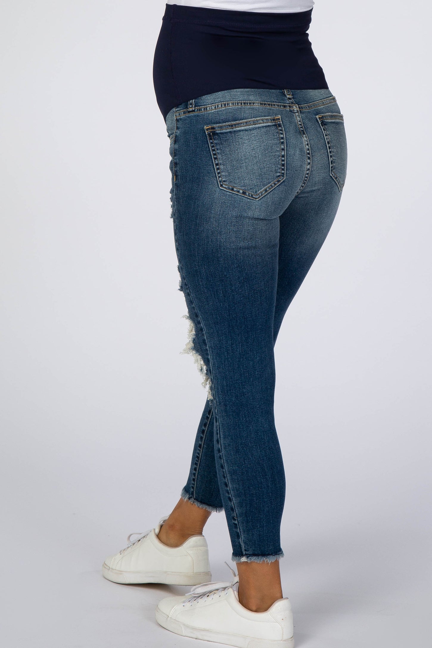 Navy Blue Ripped Knee Distressed Crop Maternity Jeans
