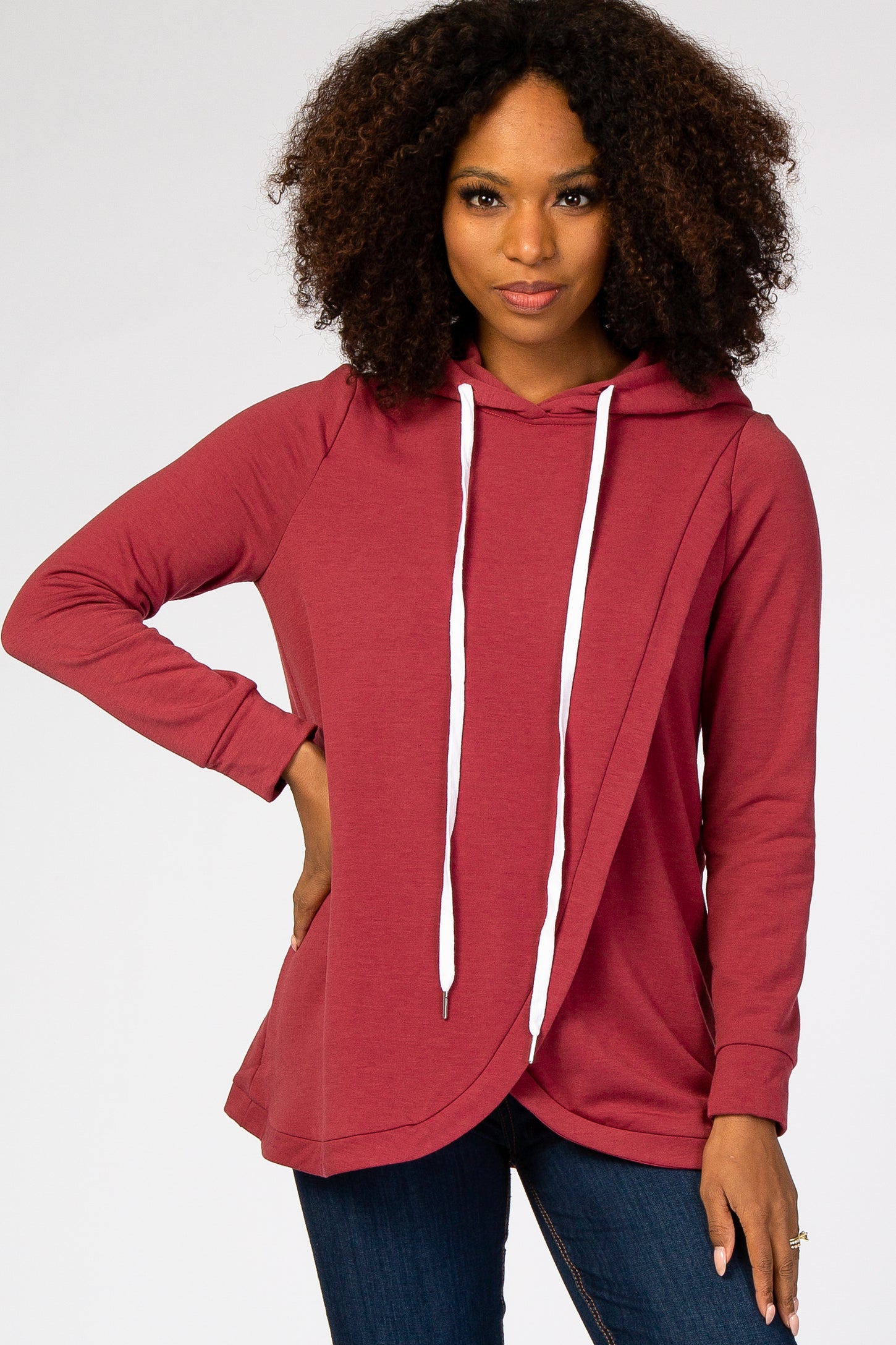 Red Layered Front Maternity/Nursing Fleece Hoodie