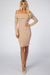 Mocha Soft Ribbed Folded Neck Off Shoulder Dress