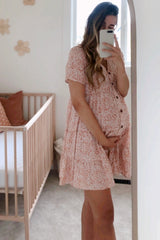 Orange Floral Ruffle Tiered Button Front Maternity Dress
