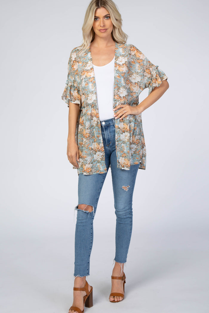 Mint Green Floral Ruffle Hem Cover Up
