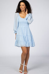 Light Blue Smocked Polka Dot Long Sleeve Maternity Dress
