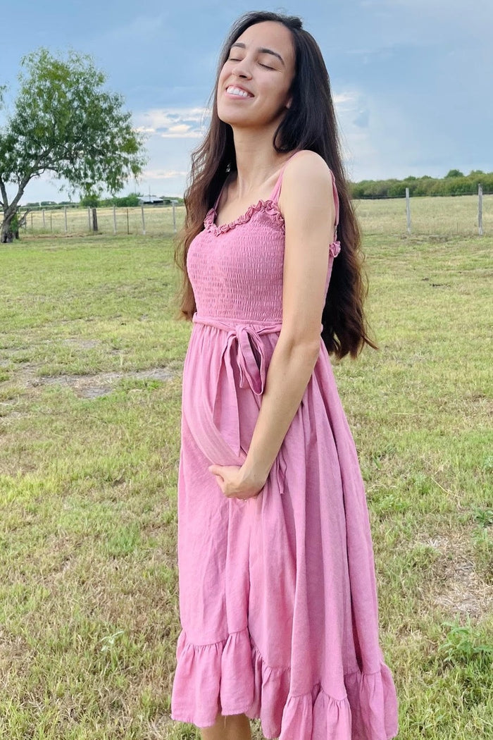 Pink Ruffle Smocked Maternity Dress