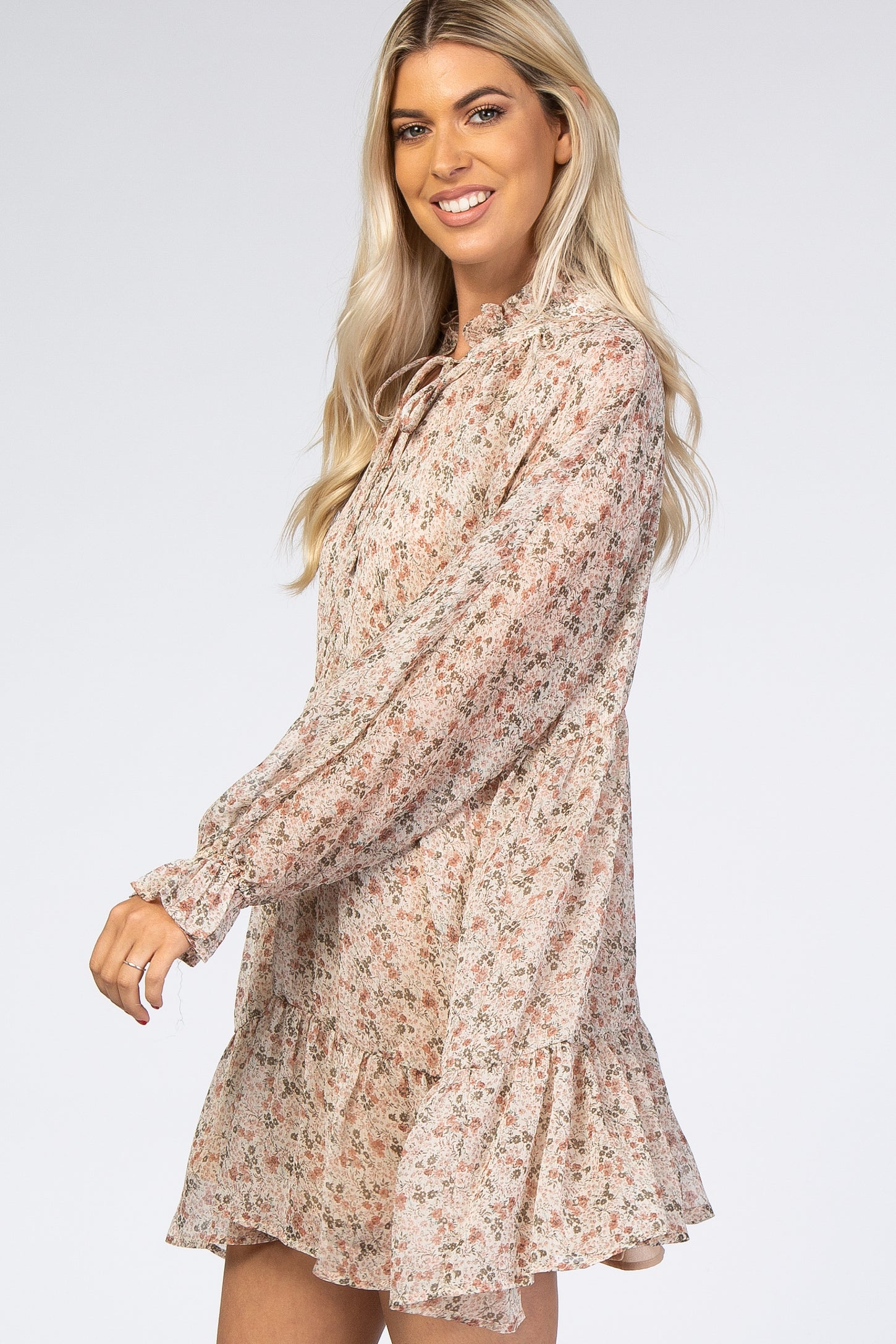 Cream Floral Chiffon Ruffle Hem Dress