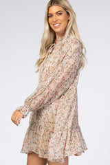 Cream Floral Chiffon Ruffle Hem Dress