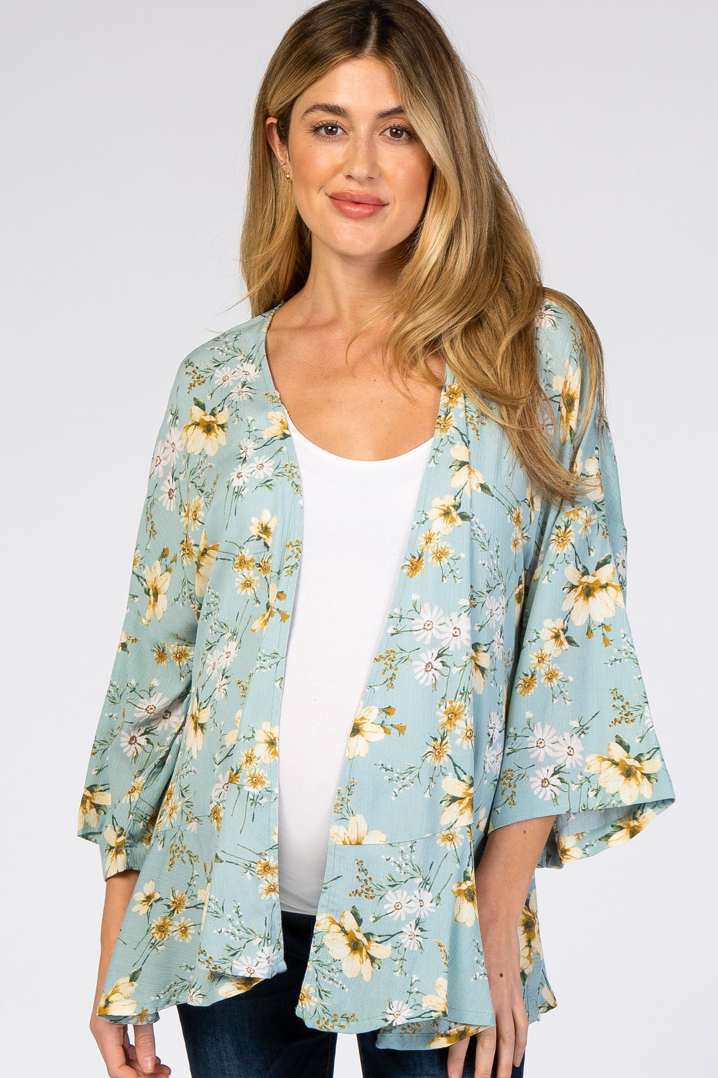 Light Blue Floral Ruffle Hem Maternity Cover Up