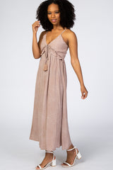 Light Mocha Dot Print V-Neck Midi Dress
