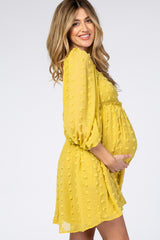 Yellow Textured Dot Smocked Square Neck Chiffon Maternity Dress