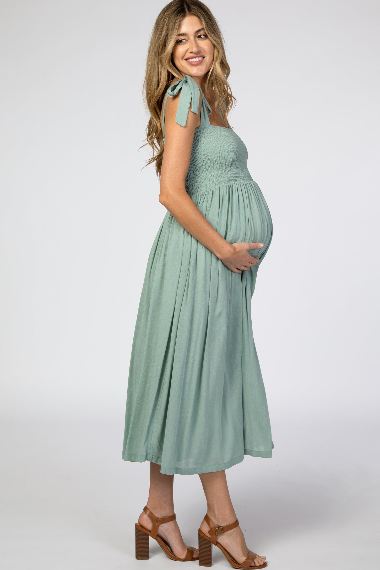 Mint Green Smocked Tie Strap Maternity Midi Dress