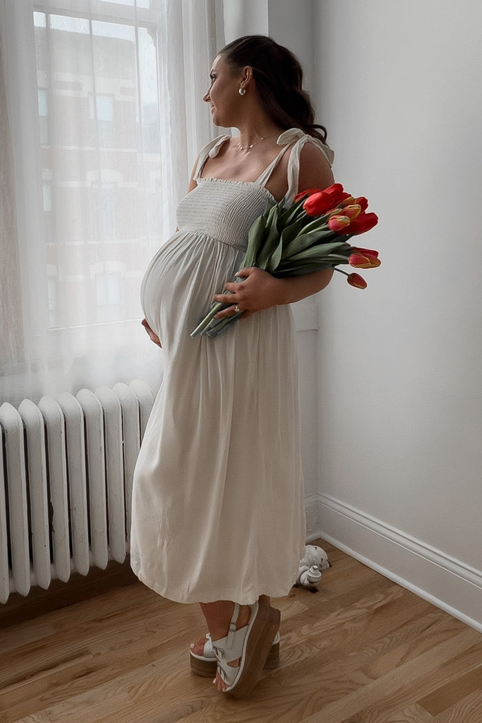 Beige Smocked Tie Strap Maternity Midi Dress