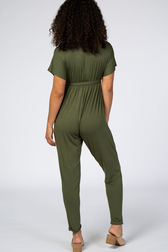 Olive Wrap Tie Jumpsuit