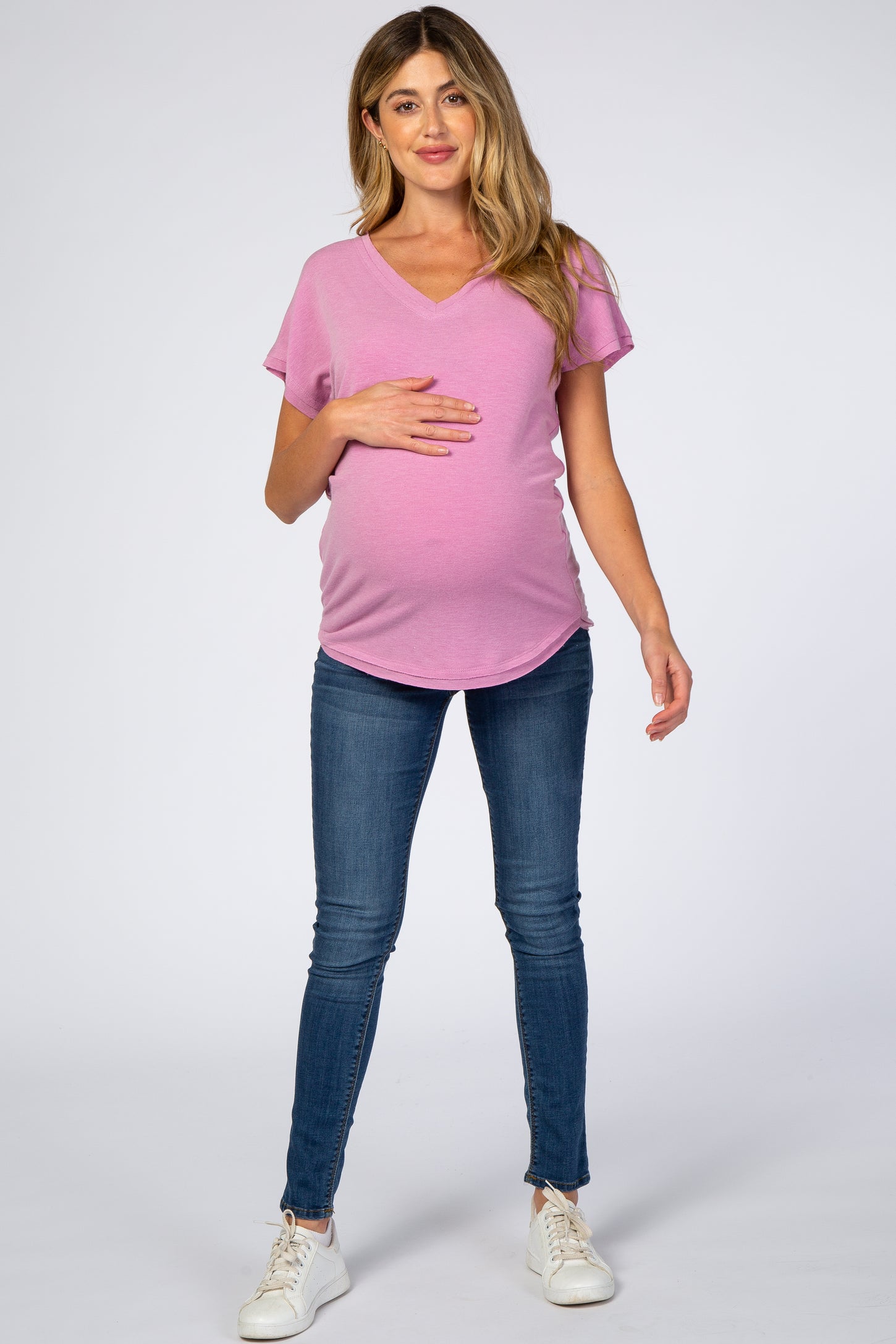 Mauve V-Neck Raw Hem Maternity Short Sleeve Top