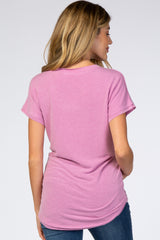 Mauve V-Neck Raw Hem Maternity Short Sleeve Top