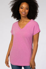 Mauve V-Neck Raw Hem Maternity Short Sleeve Top