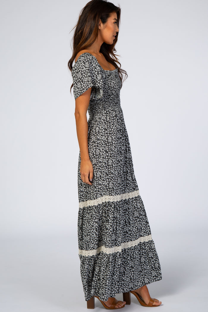 Black Floral Square Neck Smocked Front Lace Trim Maxi Dress