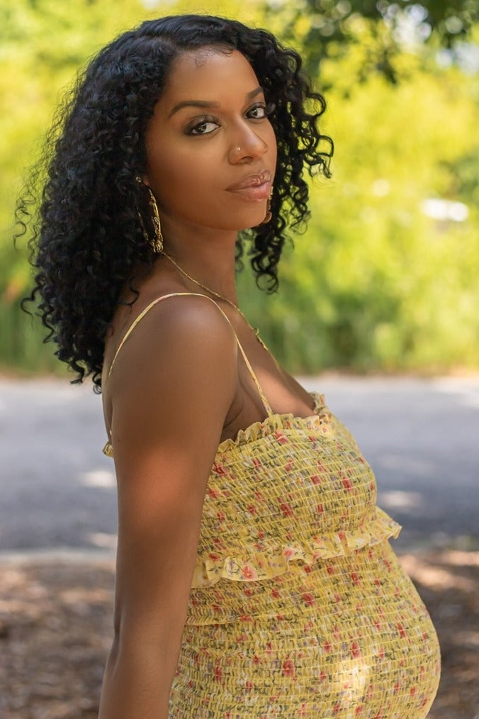 Yellow Floral Chiffon Smocked Fitted Maternity Midi Dress