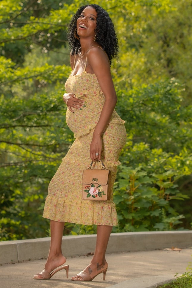 Yellow Floral Chiffon Smocked Fitted Maternity Midi Dress