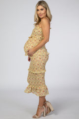 Yellow Floral Chiffon Smocked Fitted Maternity Midi Dress