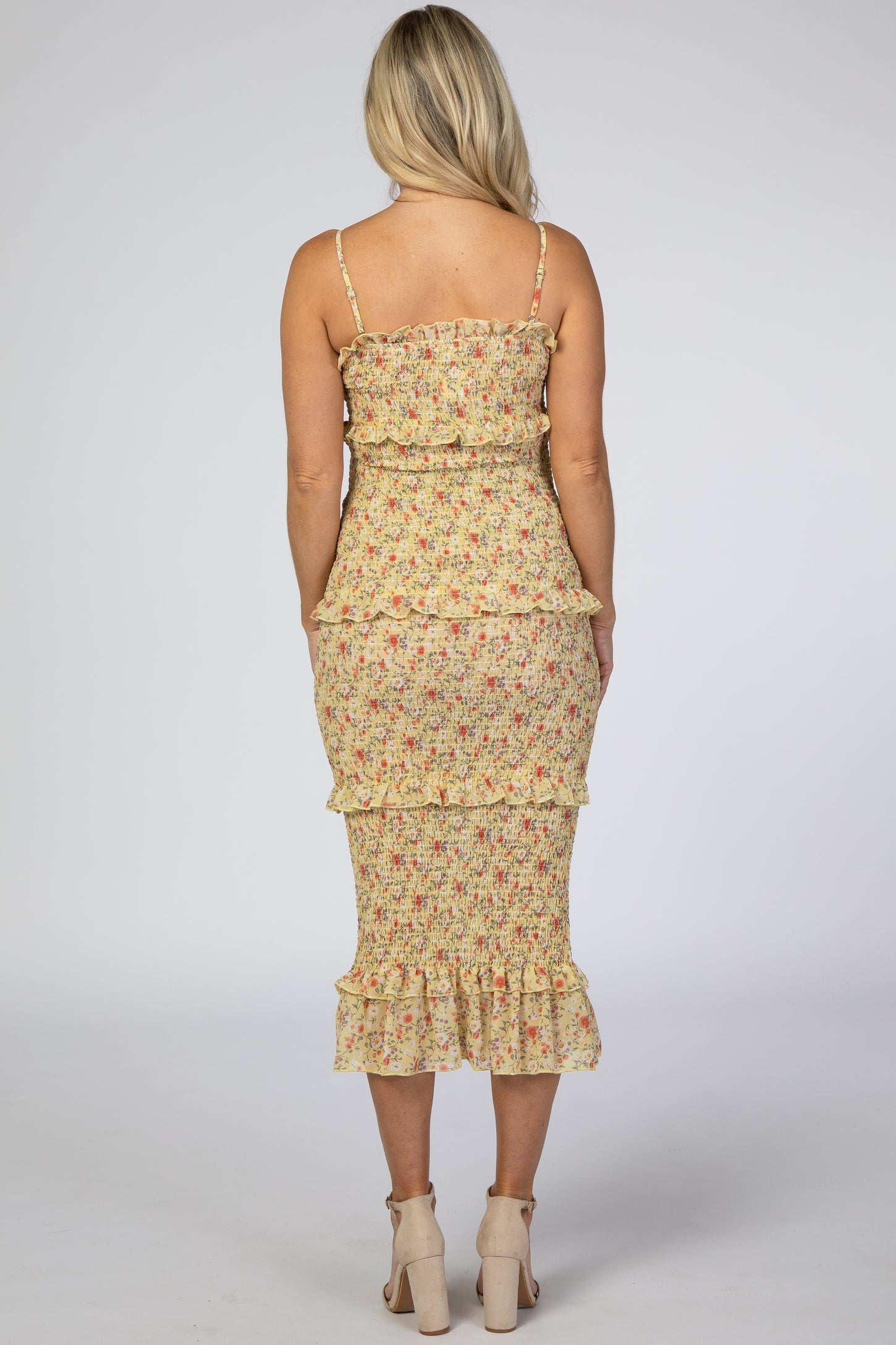 Yellow Floral Chiffon Smocked Fitted Maternity Midi Dress