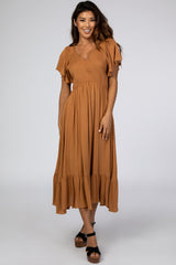 Camel Smocked V-Neck Maternity Midi Dress