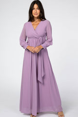 Violet Chiffon Long Sleeve Pleated Maternity Maxi Dress