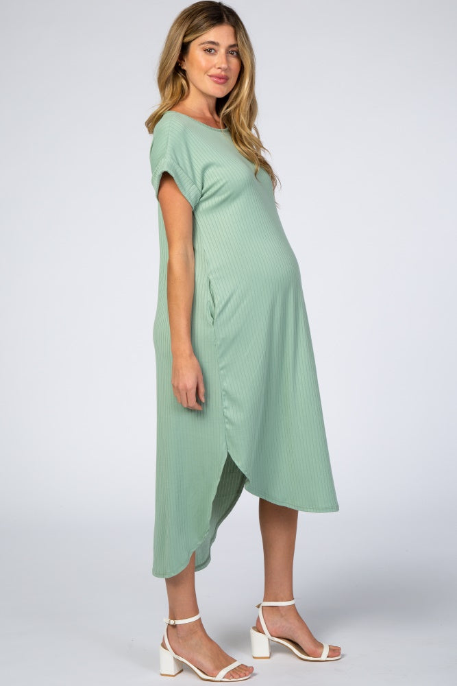 Mint Ribbed Curved Hem Maternity Midi Dress