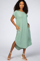 Mint Ribbed Curved Hem Midi Dress