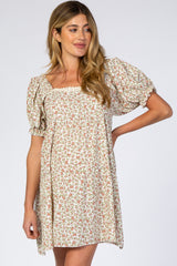 Cream Floral Lace Trim Square Neck Maternity Dress