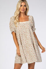 Cream Floral Lace Trim Square Neck Dress