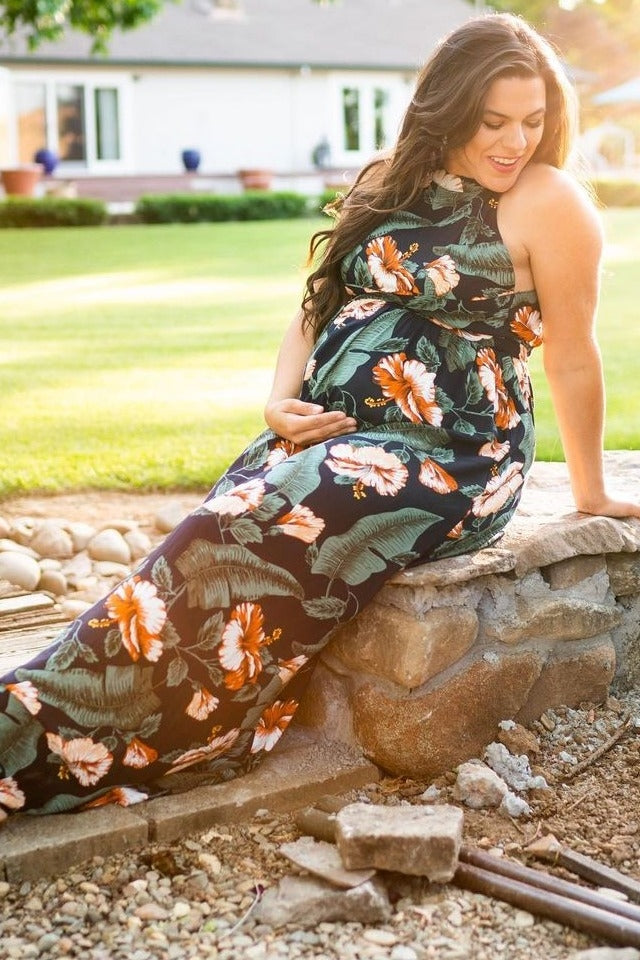 Navy Blue Palm Print Cross Back Maternity Maxi Dress