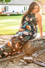 Navy Blue Palm Print Cross Back Maternity Maxi Dress