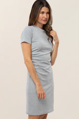 Grey Ribbed Ruched Side Fitted Short Sleeve Dress