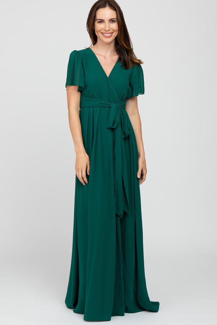 Forest Green Chiffon Short Sleeve Maternity Maxi Dress