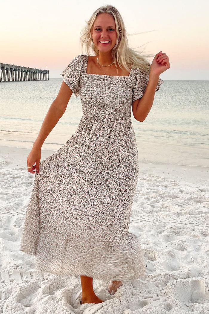 Ivory Floral Smocked Maxi Dress
