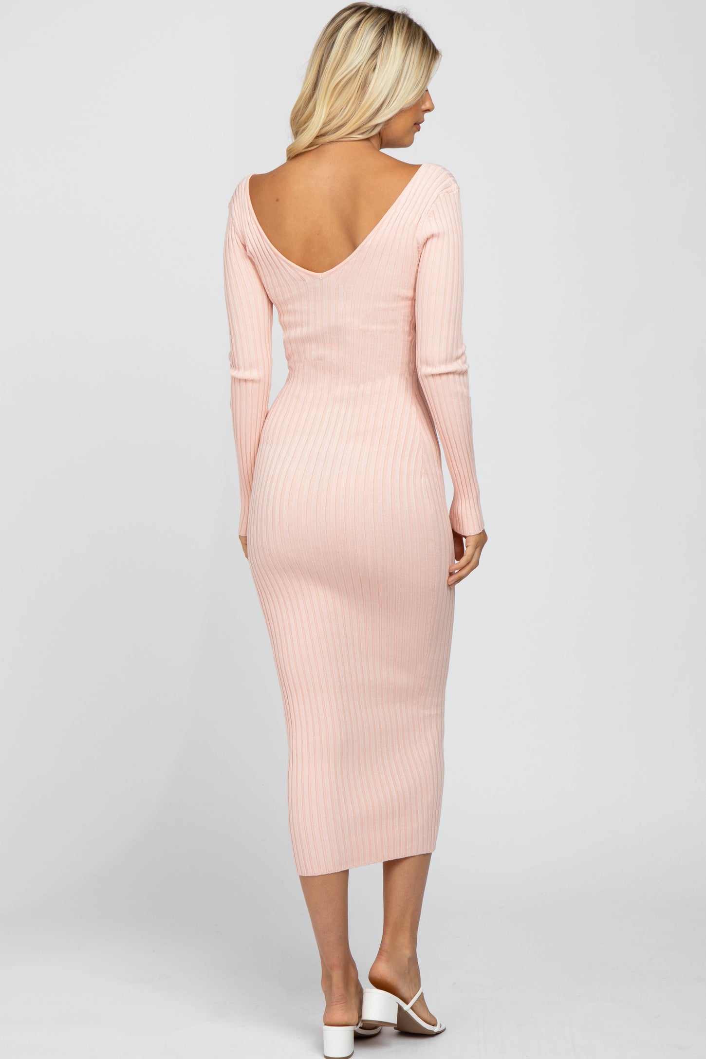 Pink V-Neck Long Sleeve Fitted Maxi Dress
