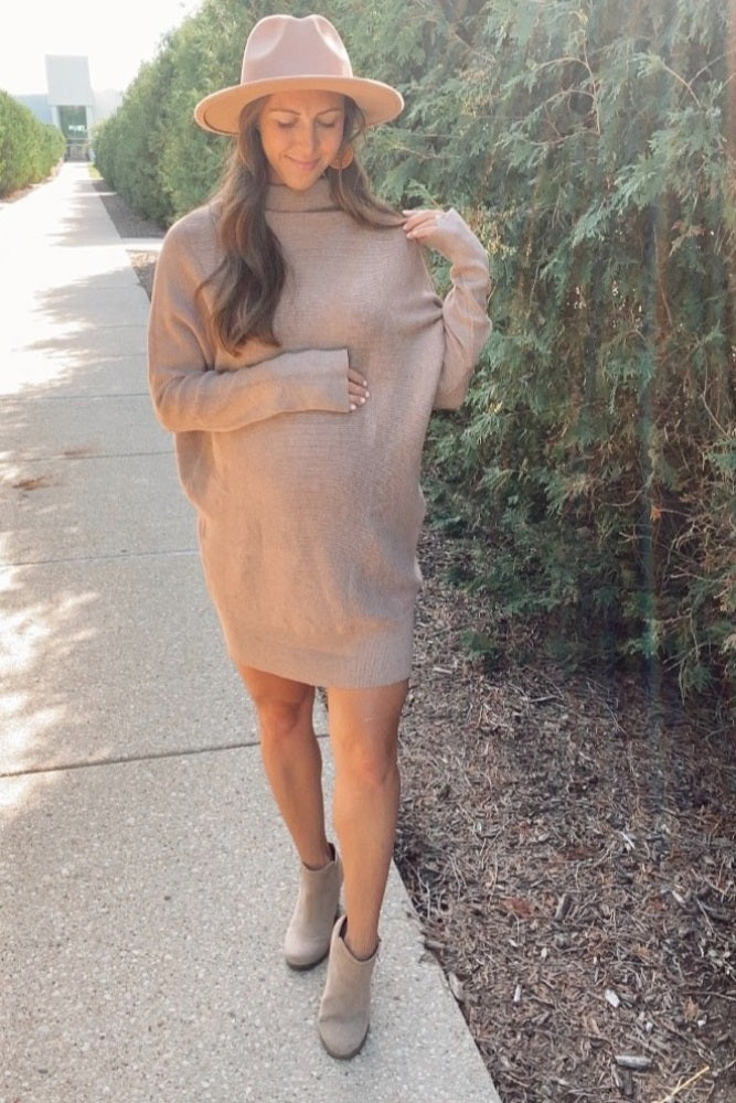 Taupe Funnel Neck Dolman Sleeve Maternity Mini Dress