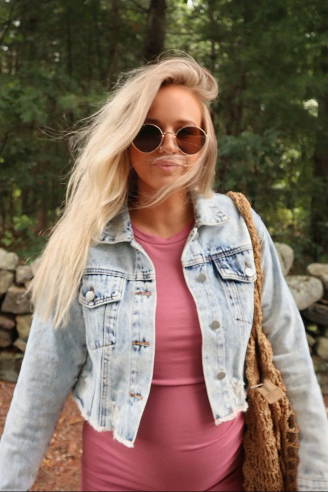 Light Blue Distressed Cropped Maternity Denim Jacket