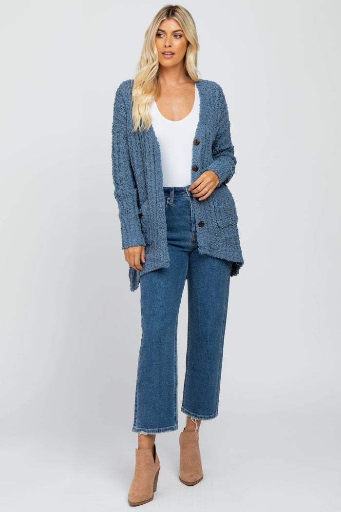 Blue Popcorn Knit Hi-Low Cardigan