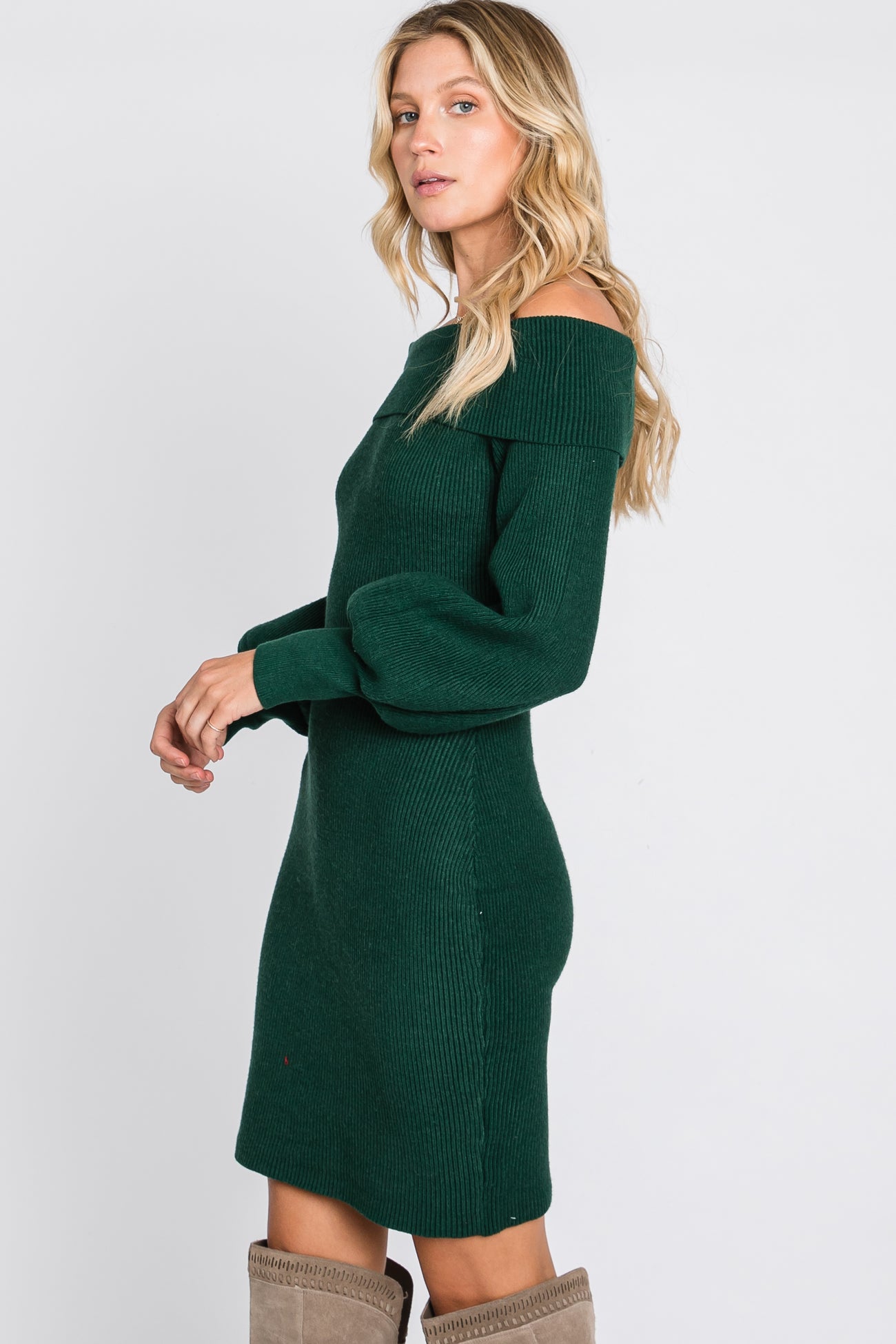 Forest Green Off Shoulder Bubble Sleeve Sweater Dress