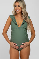 Olive Ruffle Tie Maternity One-Piece Swimsuit