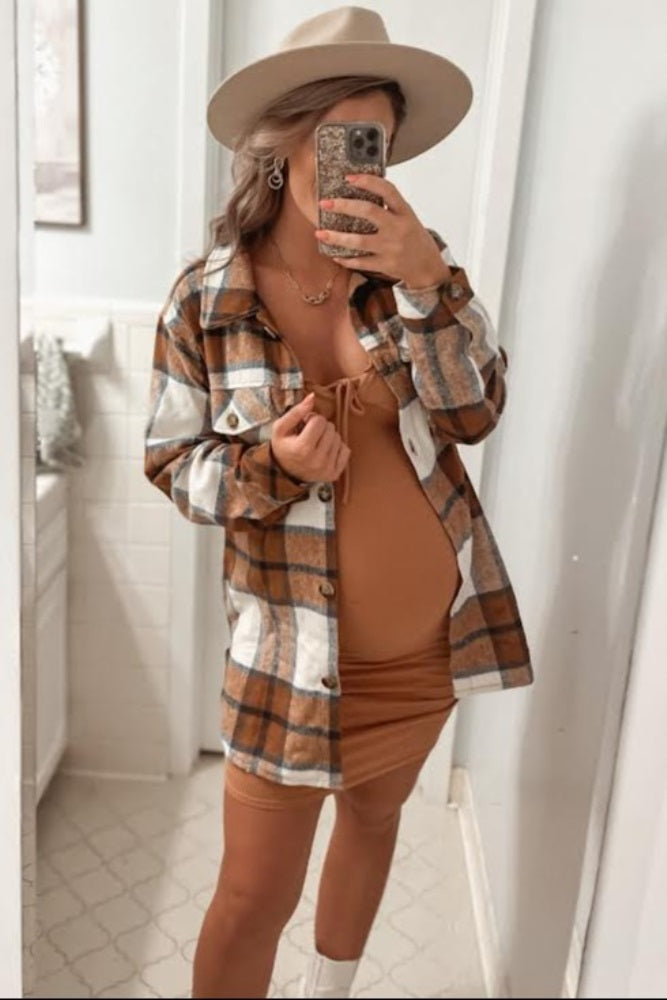 Mocha Plaid Brushed Button Down Maternity Over Shirt