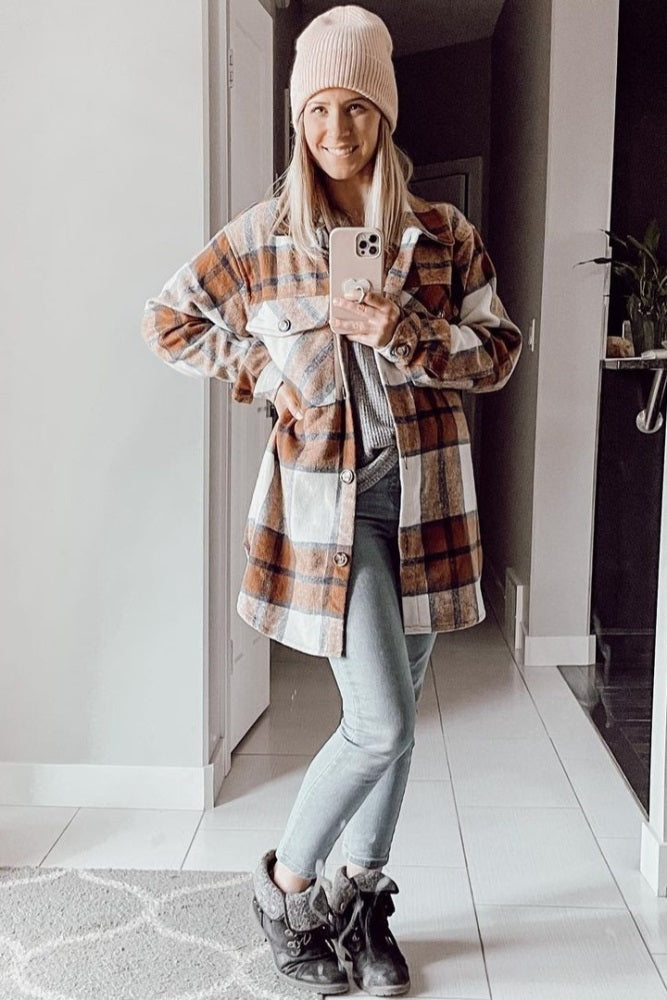 Mocha Plaid Button Down Maternity Over Shirt