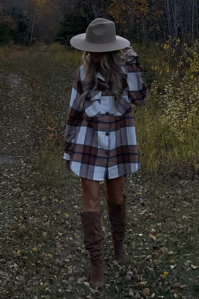 Mocha Plaid Button Down Maternity Over Shirt