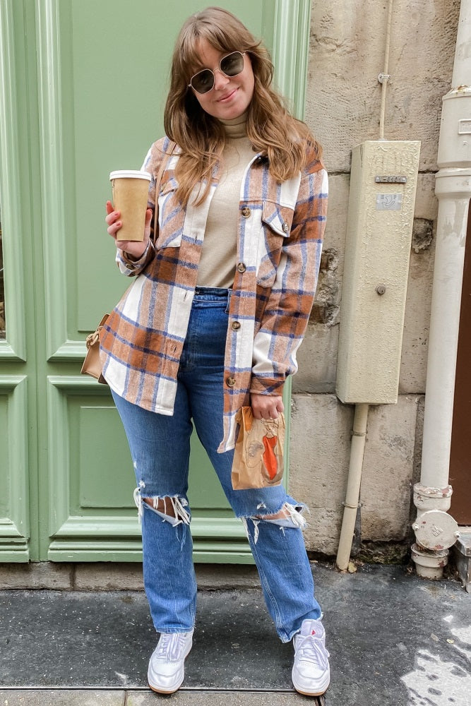 Mocha Plaid Button Down Maternity Over Shirt