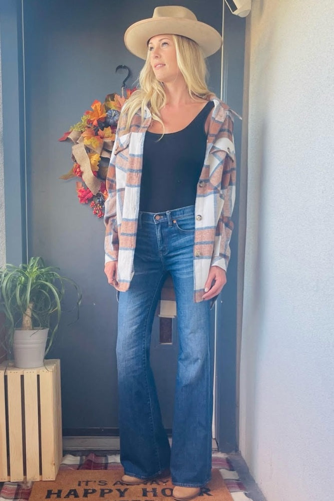 Mocha Plaid Button Down Maternity Over Shirt