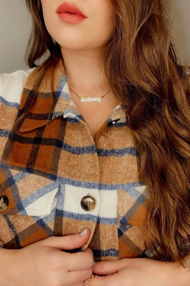 Mocha Plaid Button Down Maternity Over Shirt