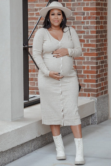 Beige Ribbed Button Front Midi Cardigan Maternity Dress