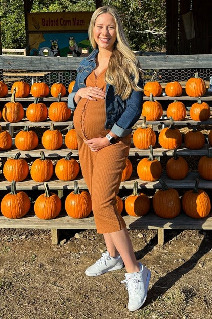 Rust Ribbed Button Front Midi Cardigan Maternity Dress