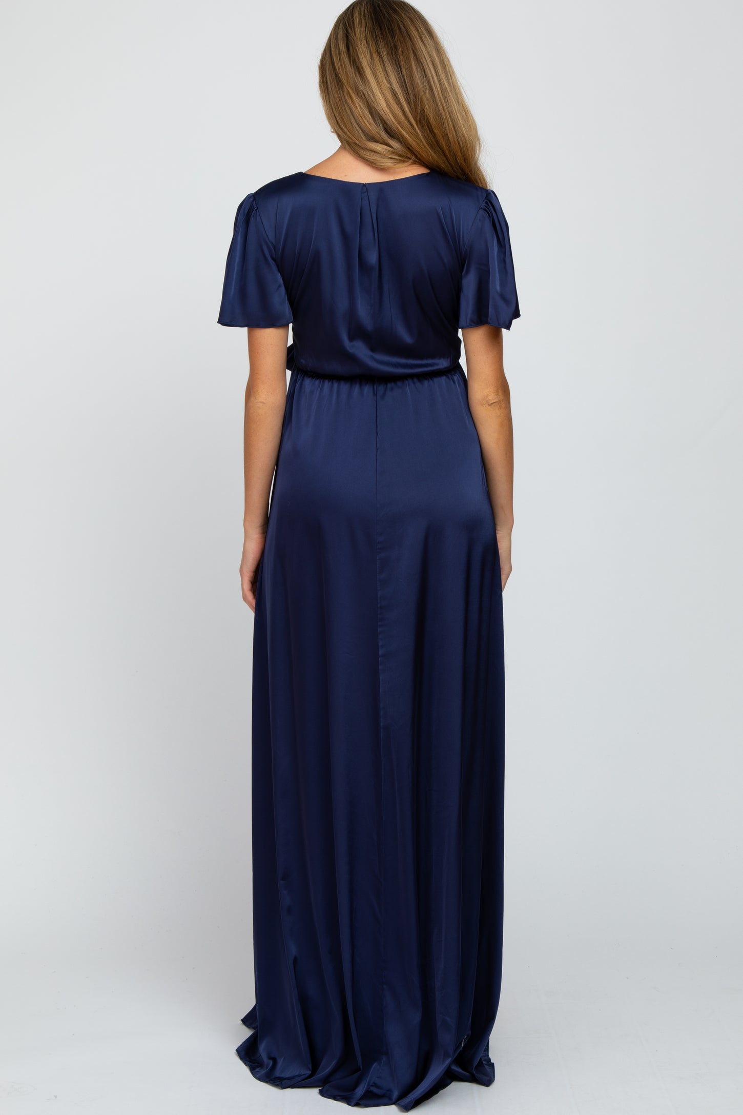 Navy Side Slit Satin Maternity Maxi Dress
